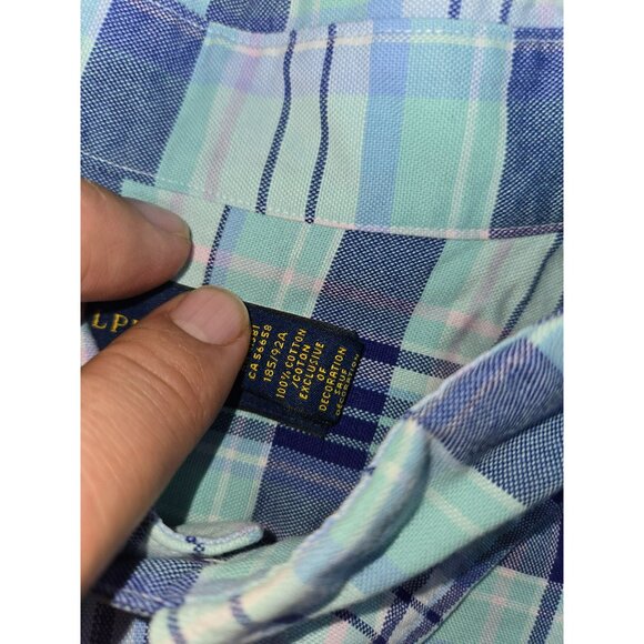 Ralph Lauren Mens XLT Button-Down Plaid Shirt Blue Green Cotton Long Sleeve - Picture 6 of 8
